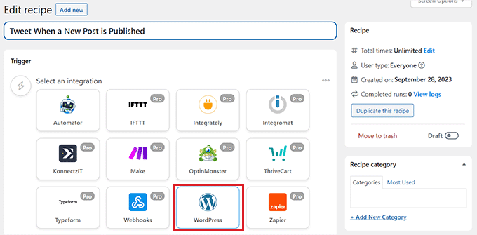 Escolha WordPress como integração de gatilho Choose WordPress as trigger integration