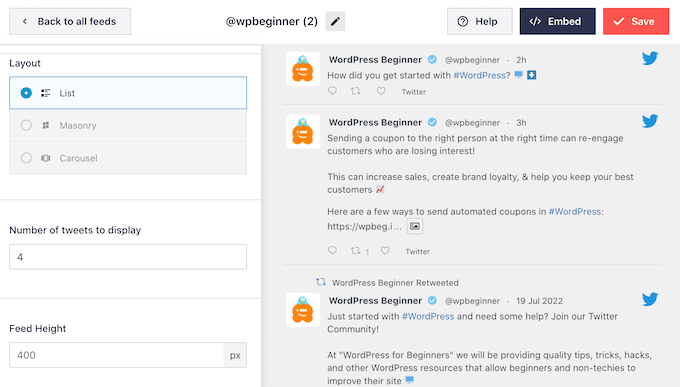 Personalizando o layout do feed do Twitter Customizing the Twitter feed layout