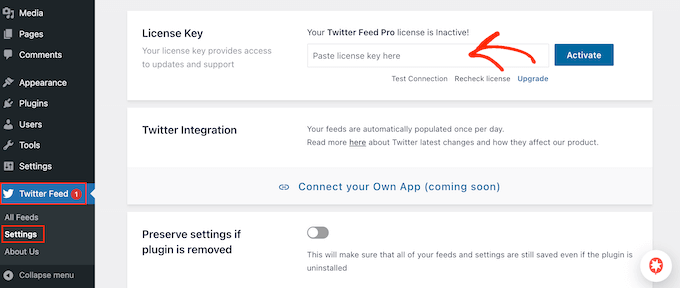 Adicionando uma licença ao plugin Smash Balloon Twitter Feed Pro WordPress Adding a license to the Smash Balloon Twitter Feed Pro WordPress plugin