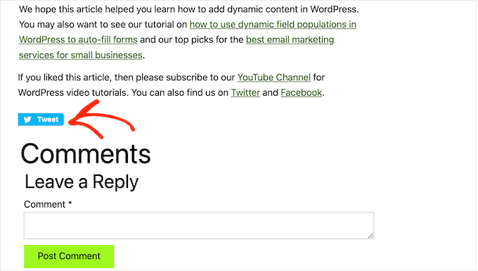 Um exemplo de botão de compartilhamento do Twitter, incorporado no WordPress An example of a Twitter share button, embedded in WordPress