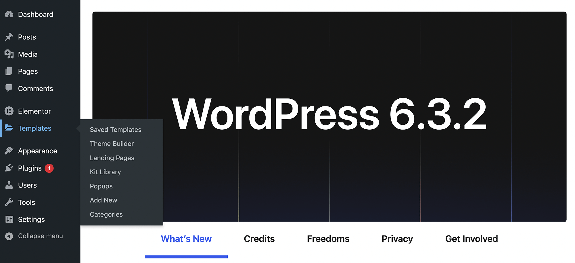 Menu dei modelli Elementor nella dashboard di WordPress.