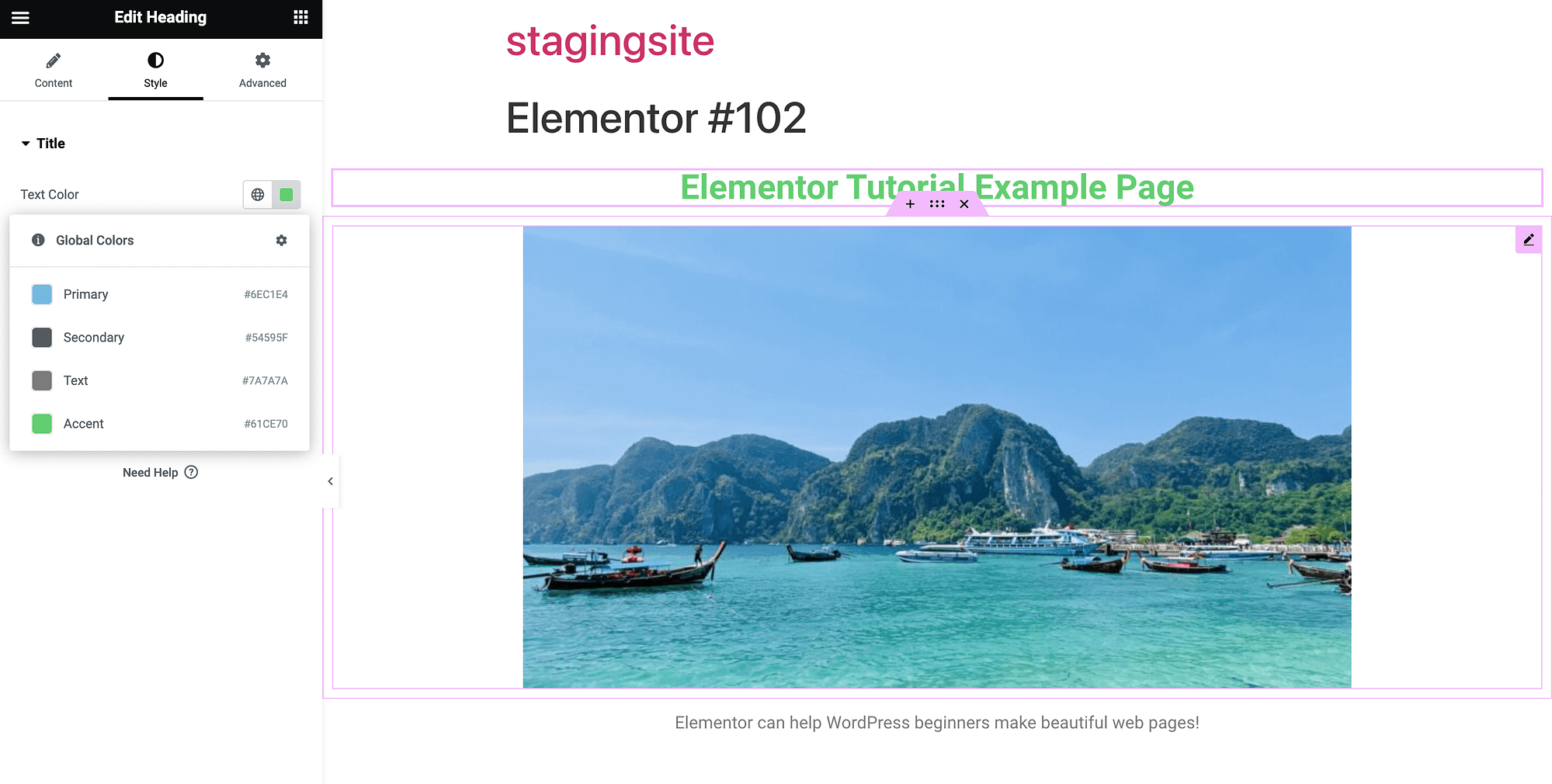 Modifica delle impostazioni di stile nelle impostazioni del widget Elementor.