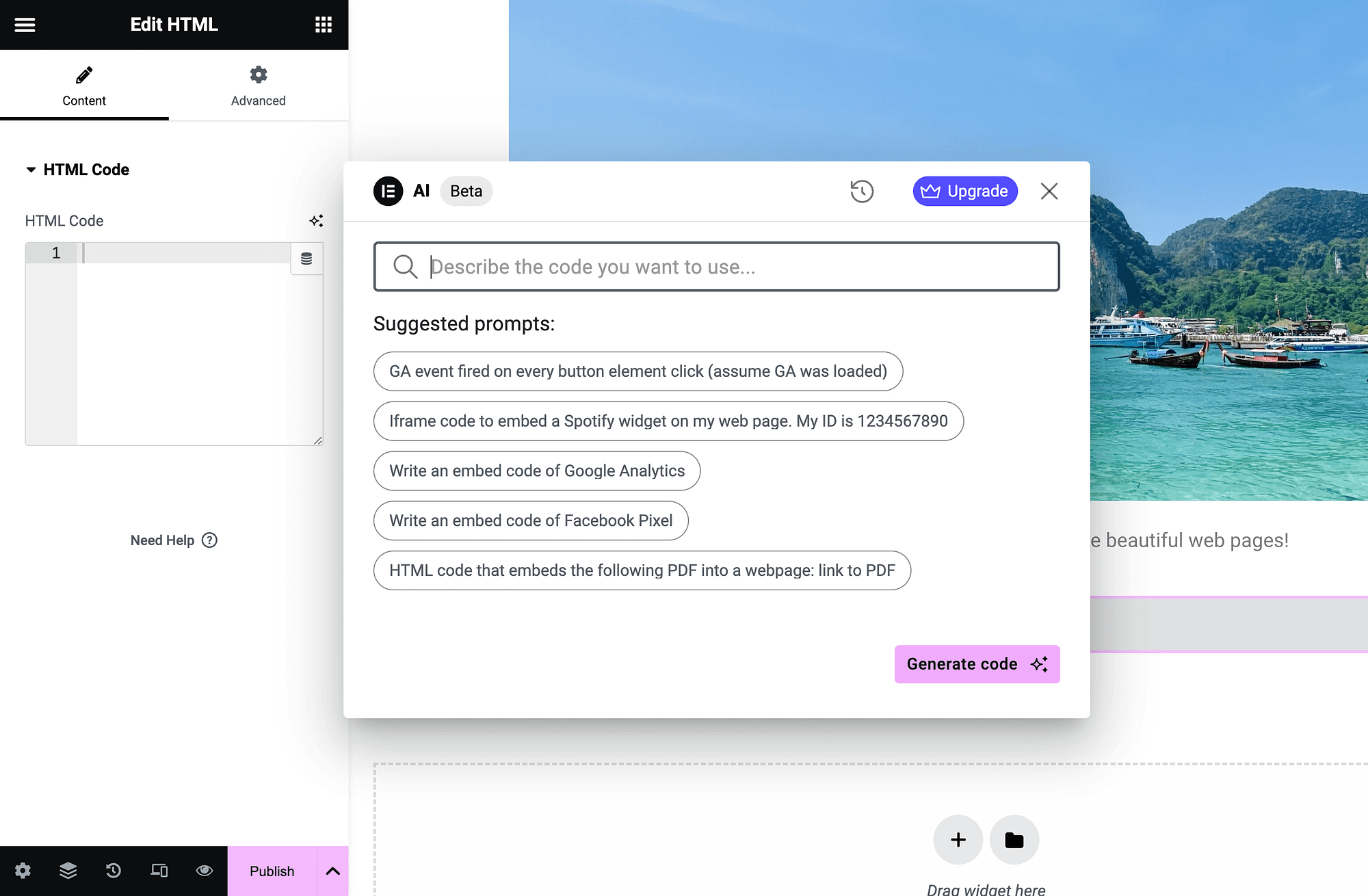 Generazione di codice utilizzando Elementor AI.