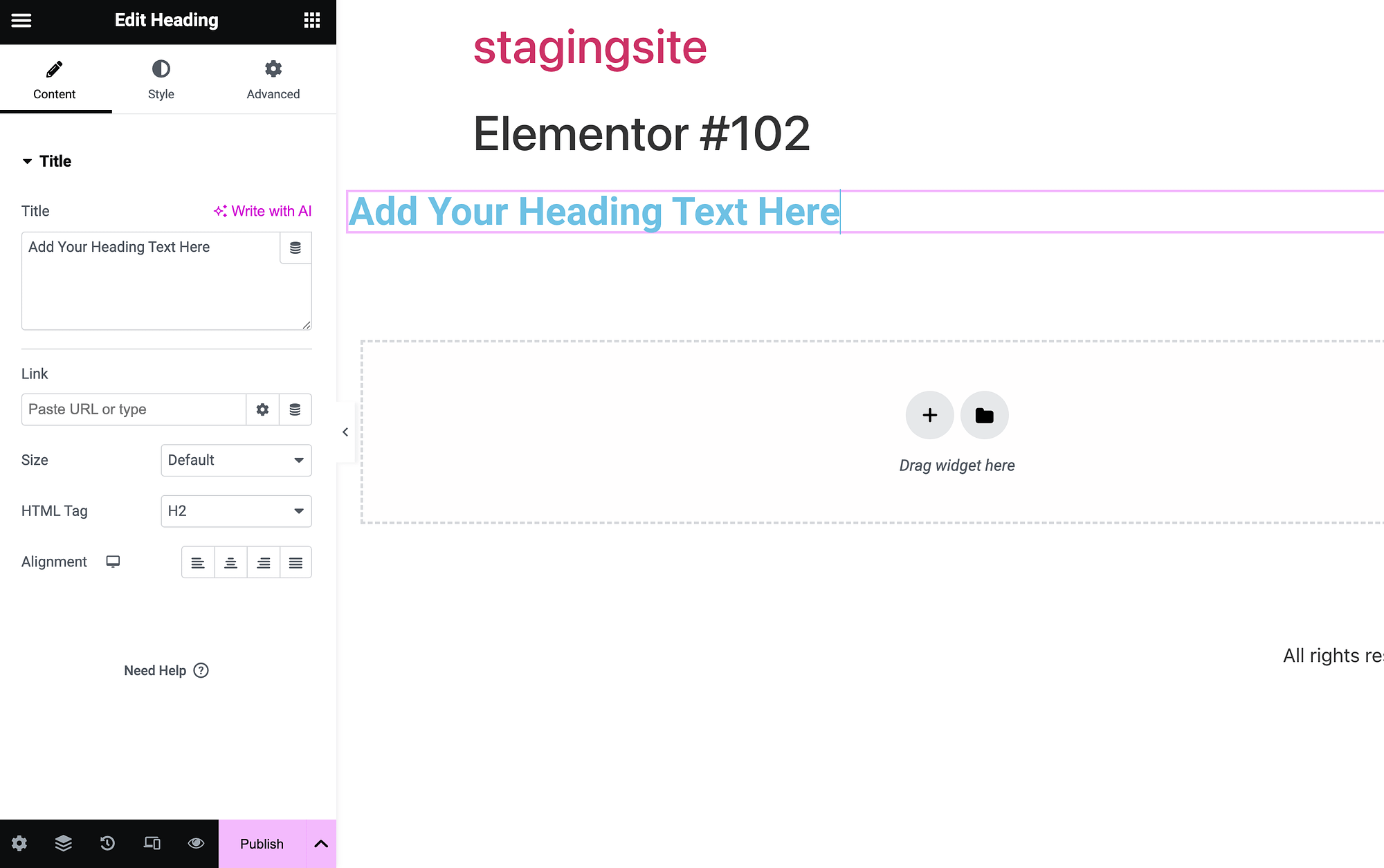 Un widget di intestazione in Elementor.