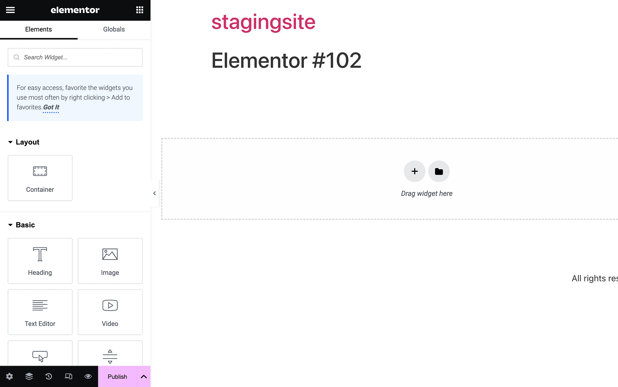 La schermata dell'editor del generatore di pagine Elementor.
