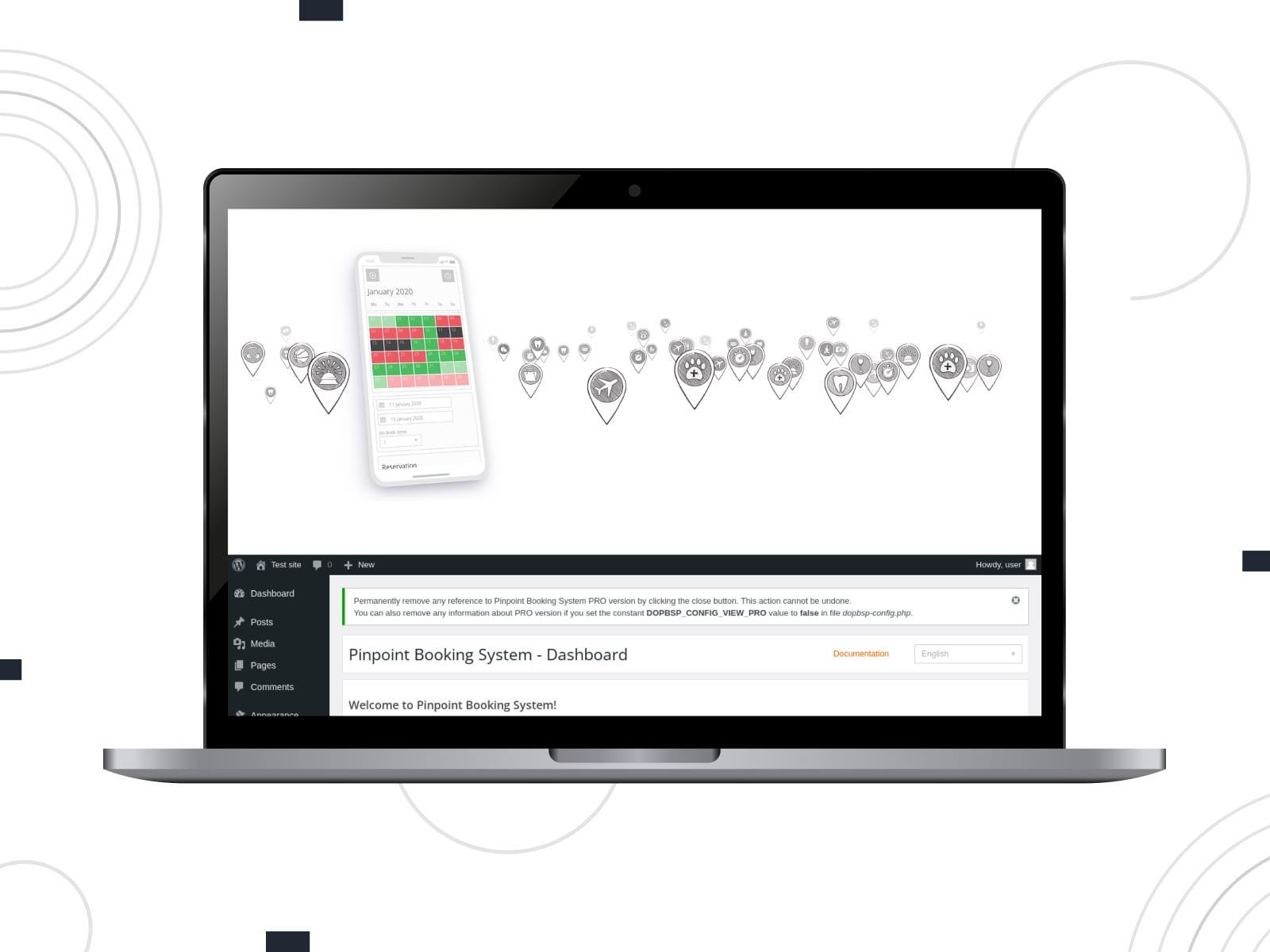 WordPress ウェブサイト用の PinPoint ルーム予約システムのコラージュ。