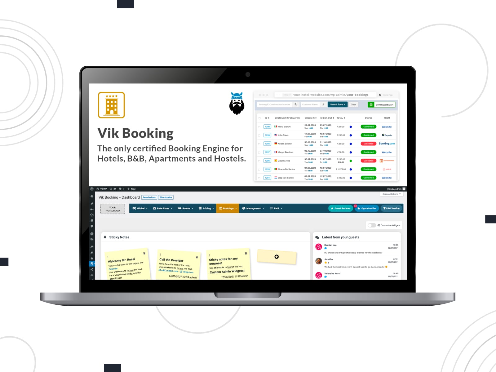 デスクトップ画面上の VikBooking ルーム予約プラグイン WordPress ダッシュボードのコラージュ。