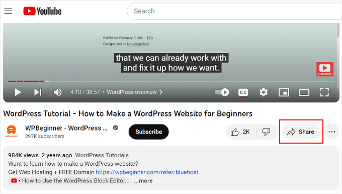 Klicken Sie auf die YouTube-Teilen-Schaltfläche Clicking the YouTube share button