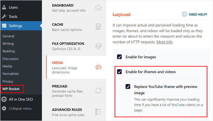 Aktivieren des verzögerten Ladens von Videos in WP Rocket Enabling video lazy loading in WP Rocket