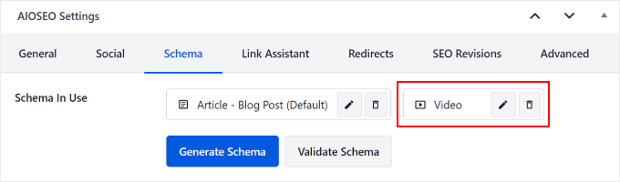 Sehen Sie sich das Videoschema in den AIOSEO-Einstellungen an Seeing the Video schema in AIOSEO Settings