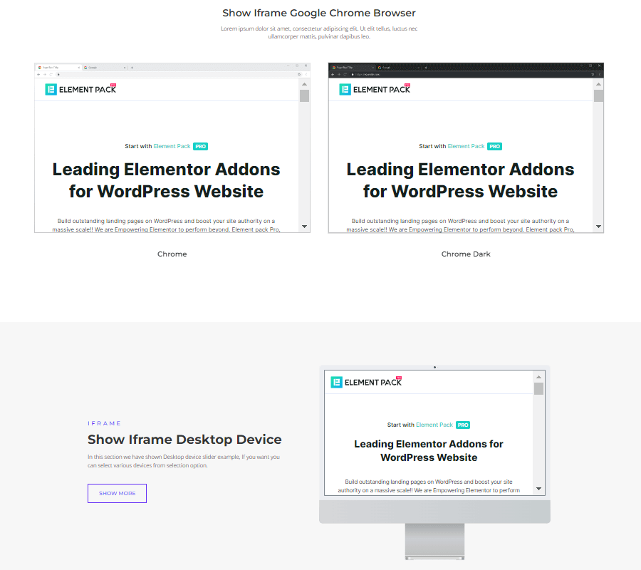 Element Pack Pro iFrame-Einstellungen und -Optionen.