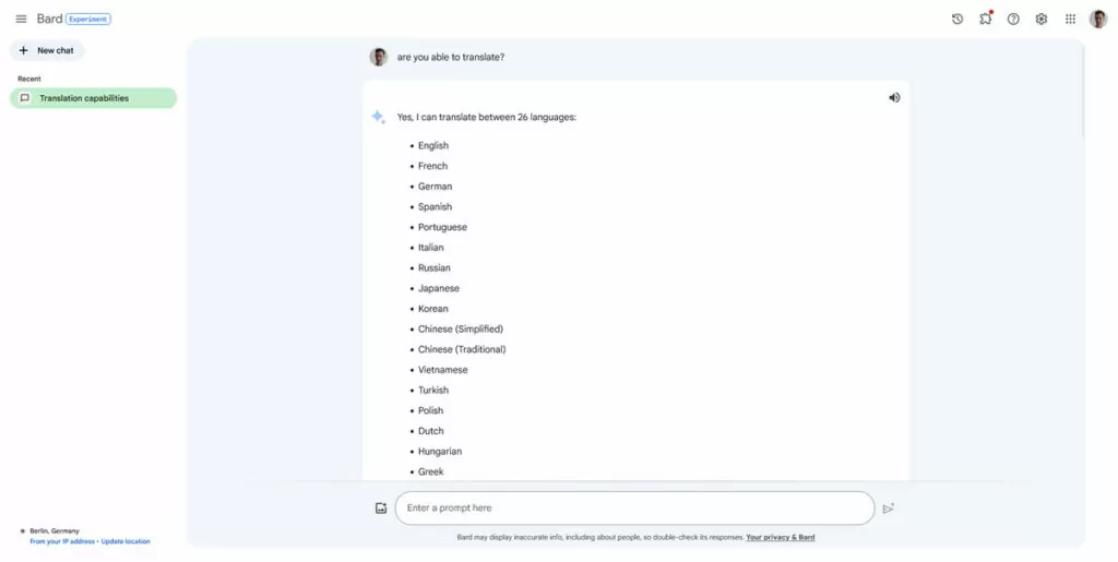recursos de tradução do Google Bard AI
