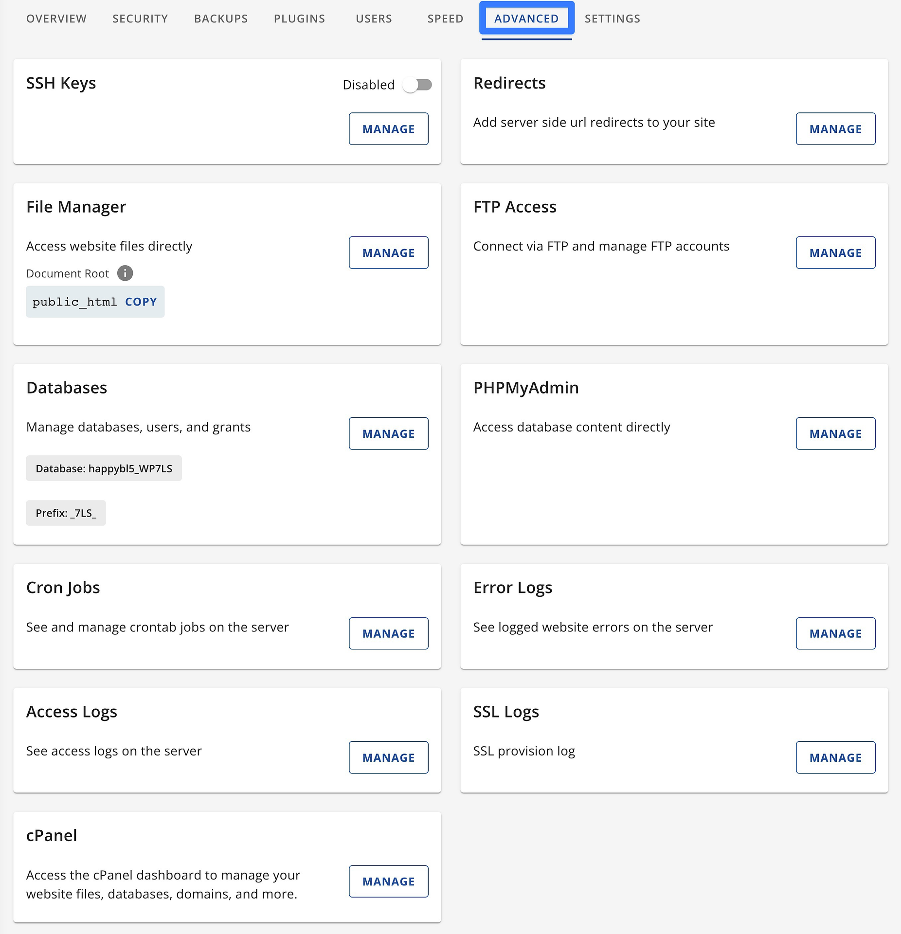 Bluehost 고급 대시보드 영역.