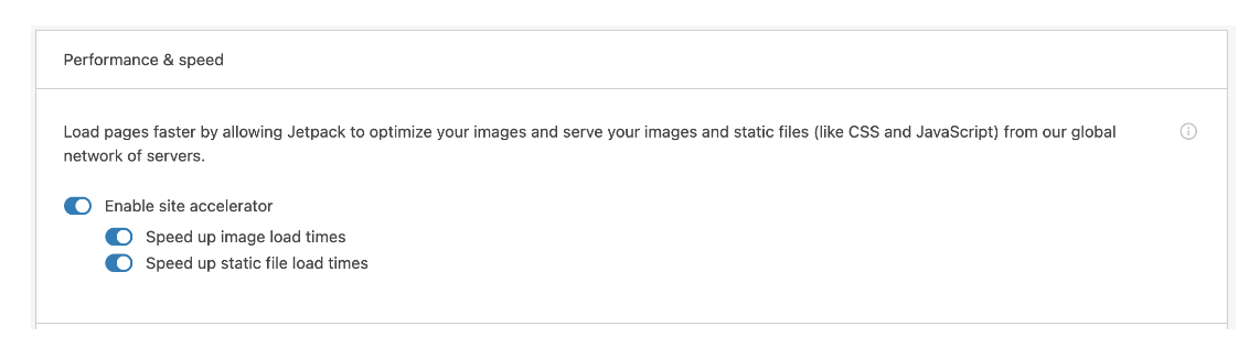 ตัวเลือกเพื่อเปิด CDN ตัวเร่งความเร็วไซต์ Jetpack