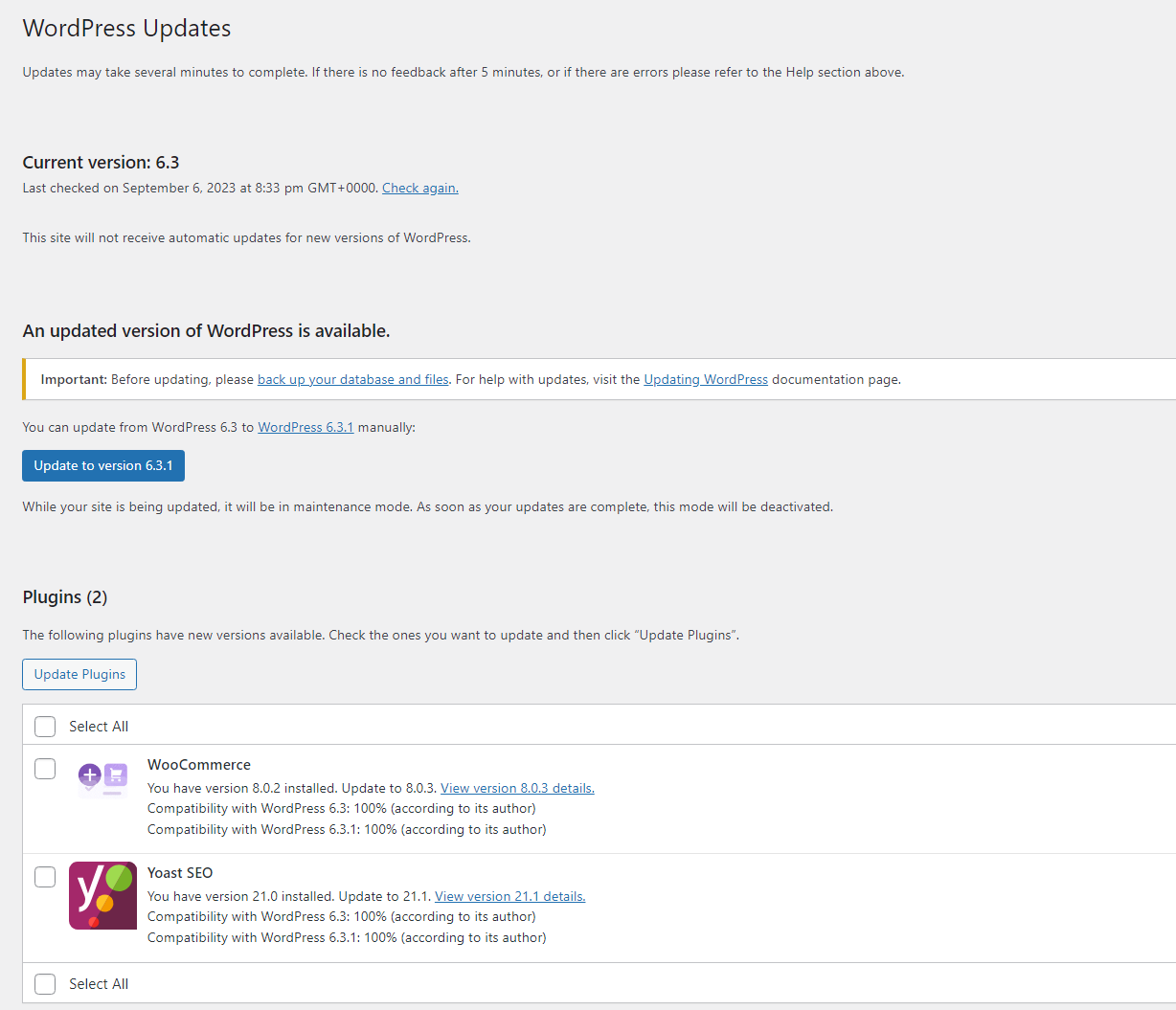 หน้าจออัพเดต WordPress