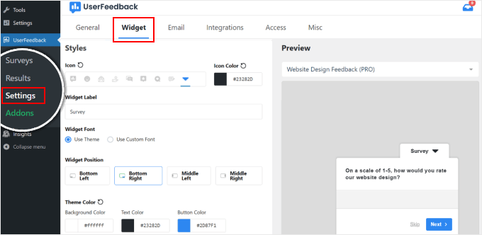 การตั้งค่าวิดเจ็ต UserFeedback UserFeedback's widget settings