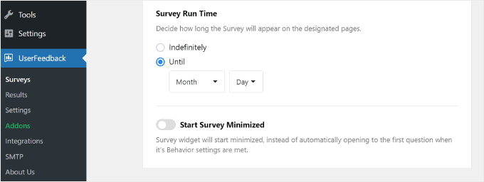 การตั้งค่าเวลาดำเนินการสำรวจใน UserFeedback The Survey Run Time settings on UserFeedback