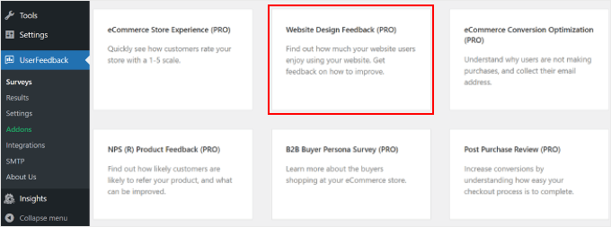 การเลือกเทมเพลต Website Design Feedback Pro บน UserFeedback Choosing the Website Design Feedback Pro template on UserFeedback