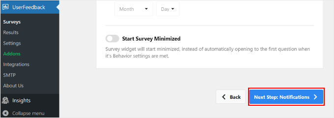 คลิกปุ่มการแจ้งเตือนขั้นตอนถัดไปบน UserFeedback Clicking the Next Step Notifications button on UserFeedback