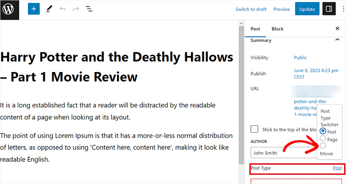 Alterar o tipo de postagem no editor de bloco Change post type in the block editor