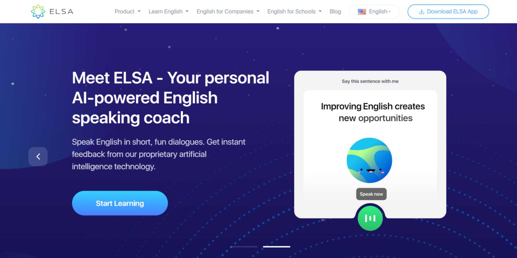 Tangkapan layar beranda aplikasi seluler ELSA Speak