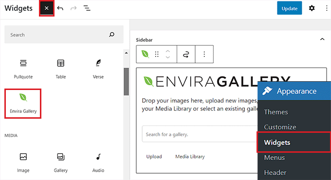 Добавьте блок Envira на боковую панель. Add Envira block in the sidebar
