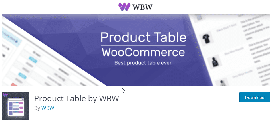 WooBeWoo 플러그인의 제품 테이블