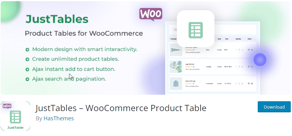 JustTables - WooCommerce 제품 테이블 플러그인