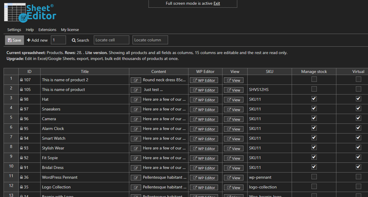 editor di fogli: modifica in blocco in WooCommerce