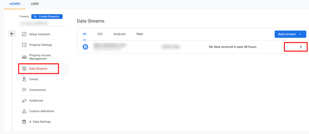 Cette image montre la liste des flux sur un compte Google Analytics