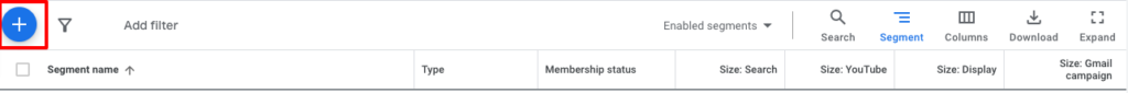 Cette image montre le bouton + pour ajouter une liste de remarketing