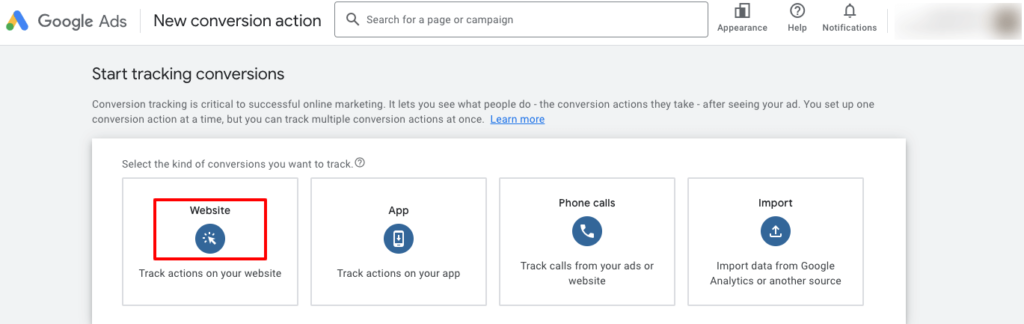 Cette image montre l'option Site Web sur un compte Google Ads