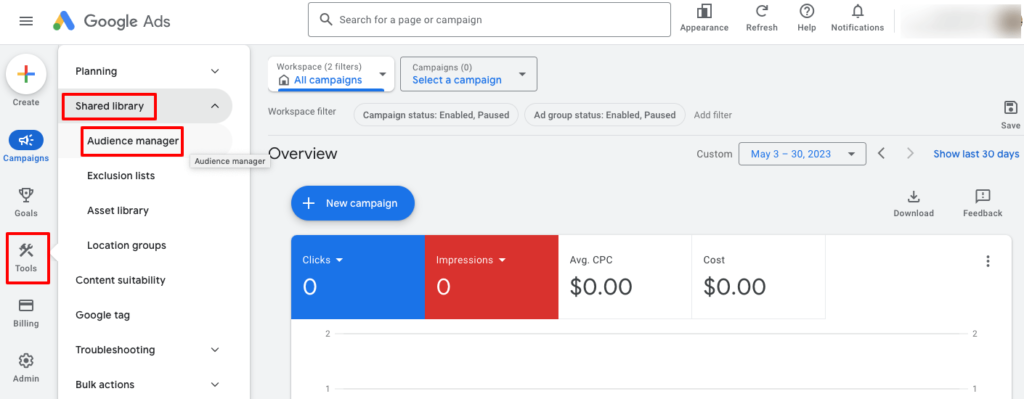 Il s'agit d'une image qui montre le gestionnaire d'audience sur le compte Google Ads.