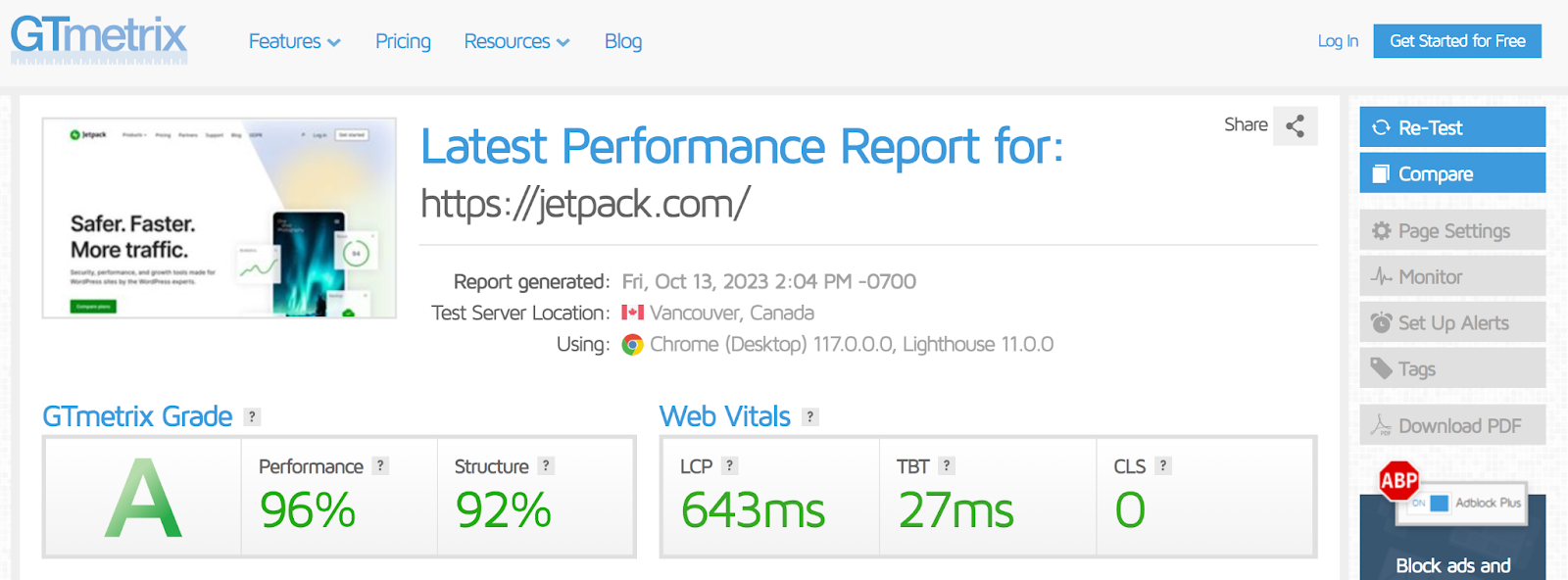 Rapport de vitesse GTmetrix pour Jetpack.com