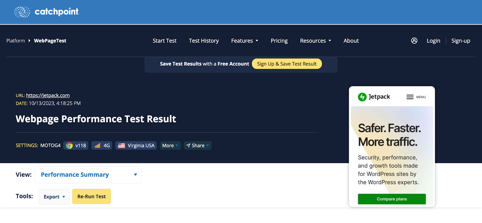Résultats des tests de points de capture pour Jetpack.com