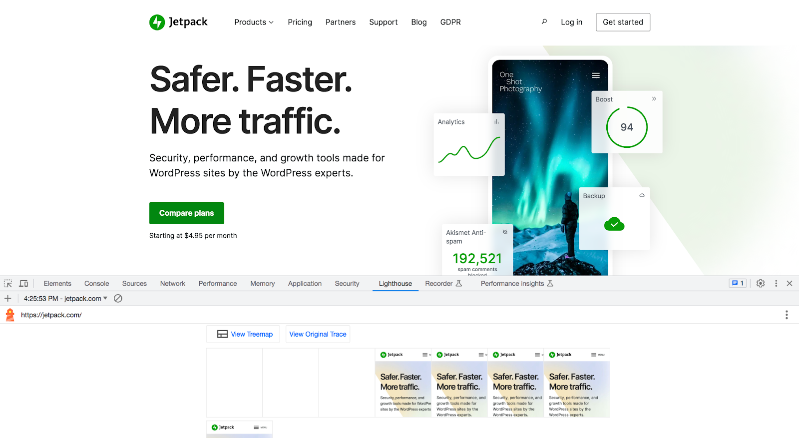 Rapport Google Lighthouse pour Jetpack.com