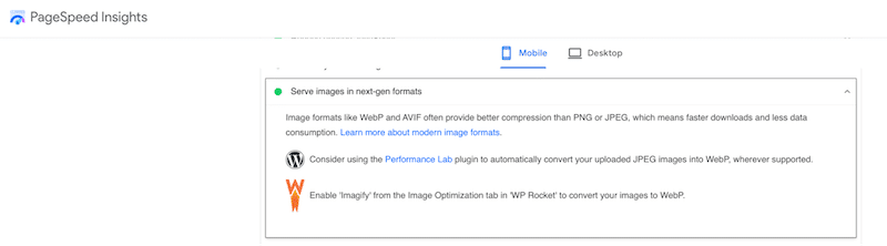 Format WebP recomandat pentru performanță - Sursa: PageSpeed ​​Insights