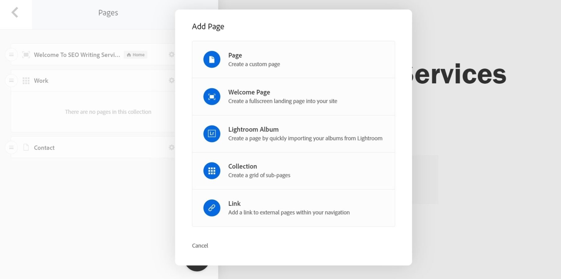 Adobe Portfolio adăugând pagini