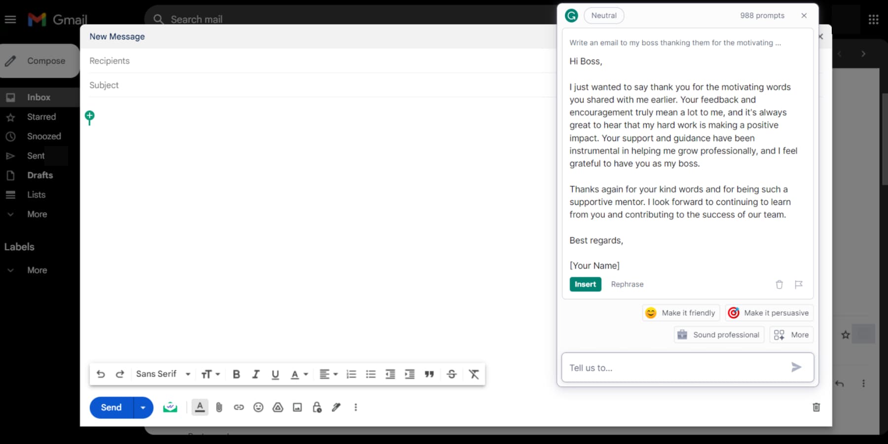 Uma captura de tela do GrammarlyGO escrevendo um e-mail