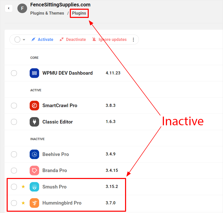 L'onglet Hub - Plugins & Thèmes - Performances est inactif.
