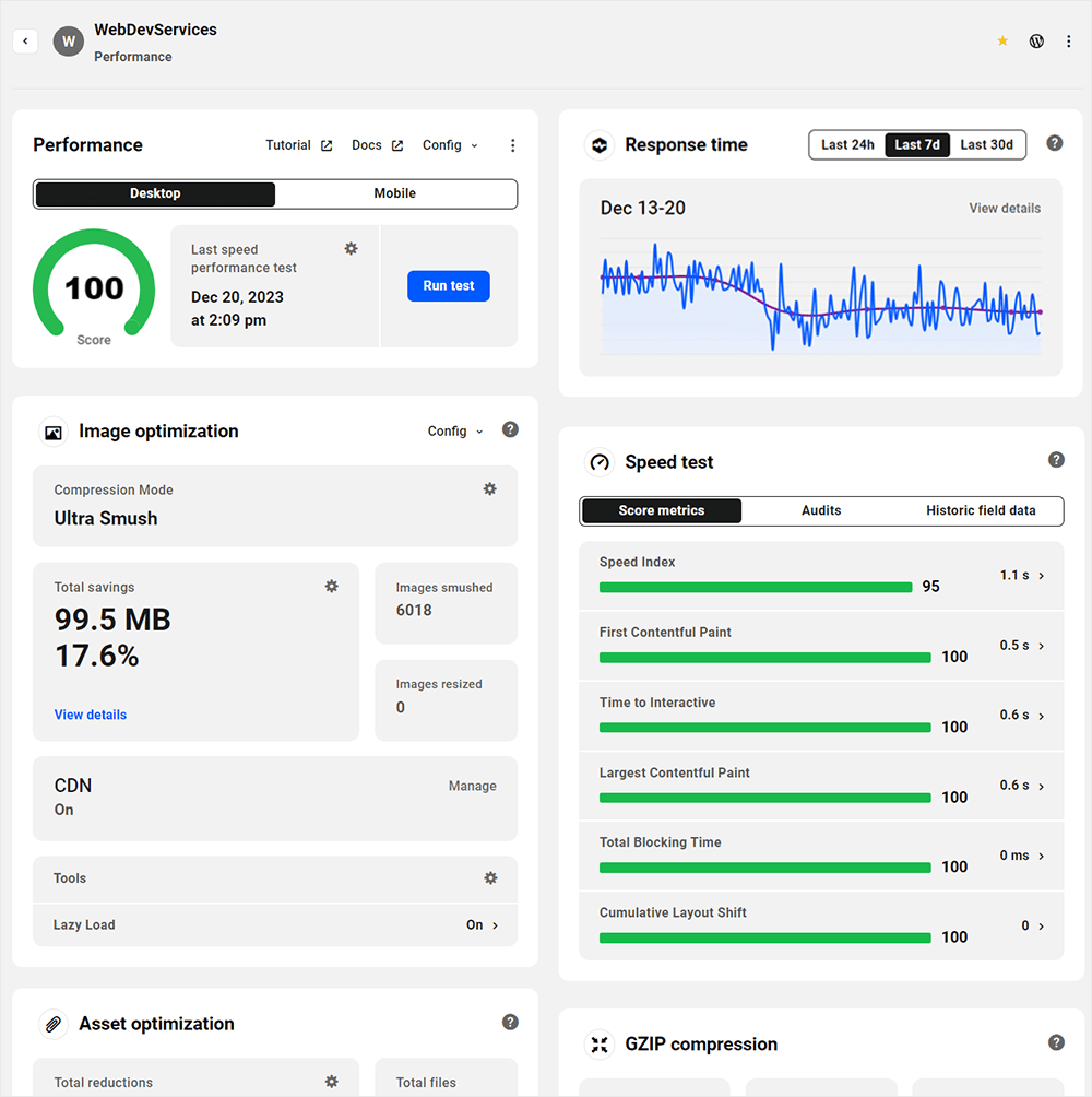 Le Hub - Tableau de bord Performance avec Hummingbird et Smush activés.