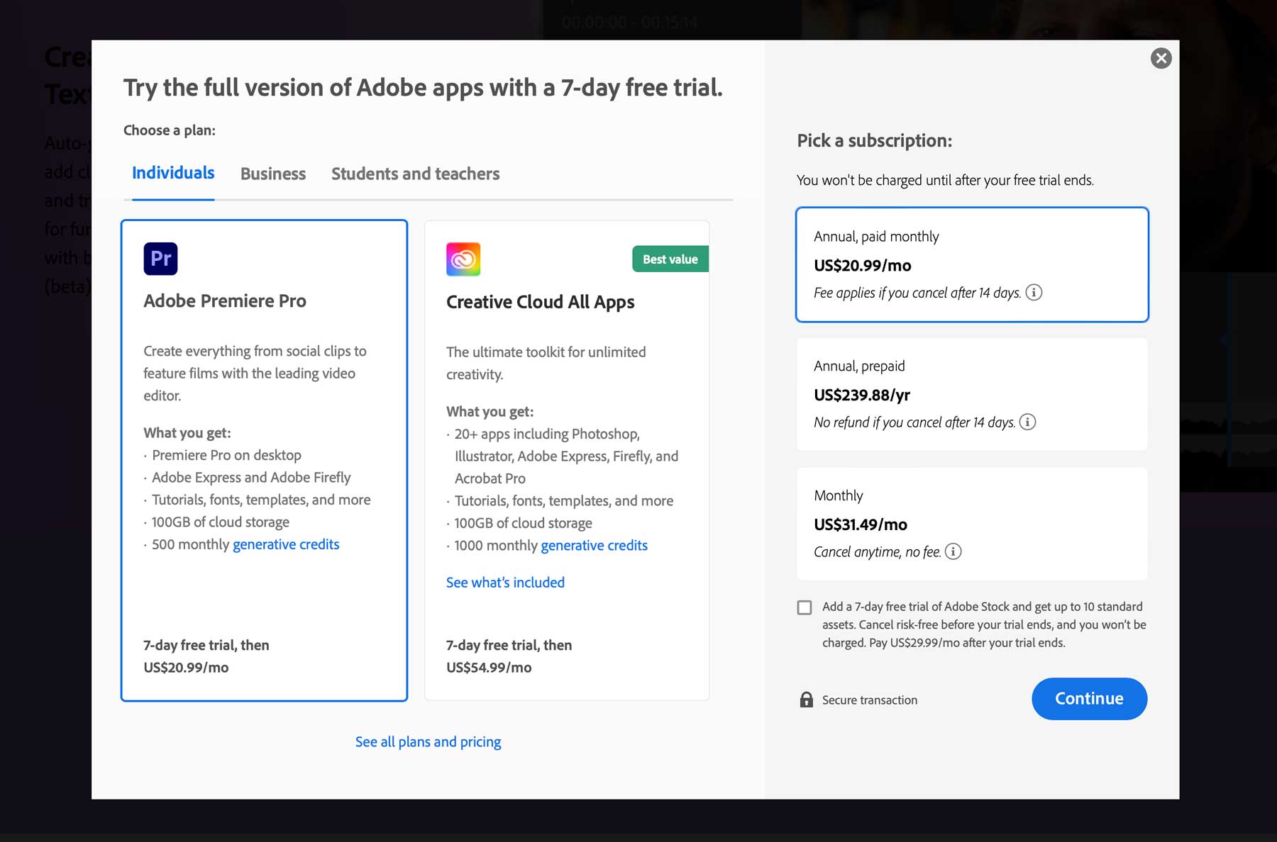 Prețuri Adobe Premiere Pro