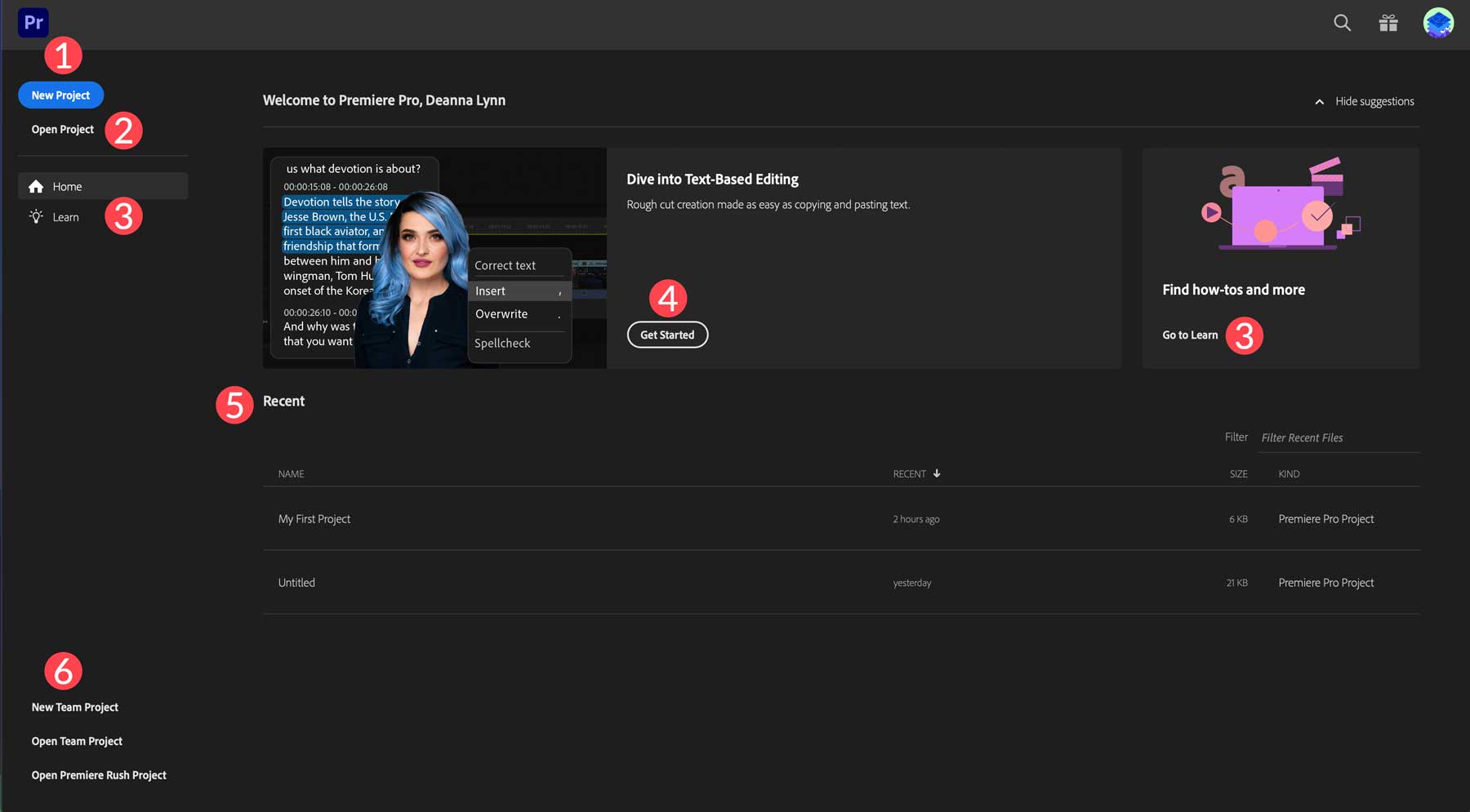 Tabloul de bord Adobe Premiere Pro