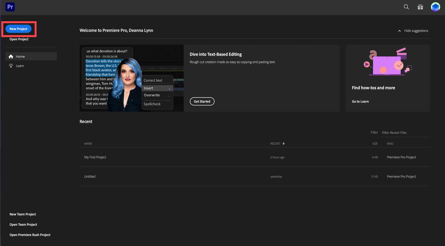 Creați un nou proiect Adobe Premiere Pro