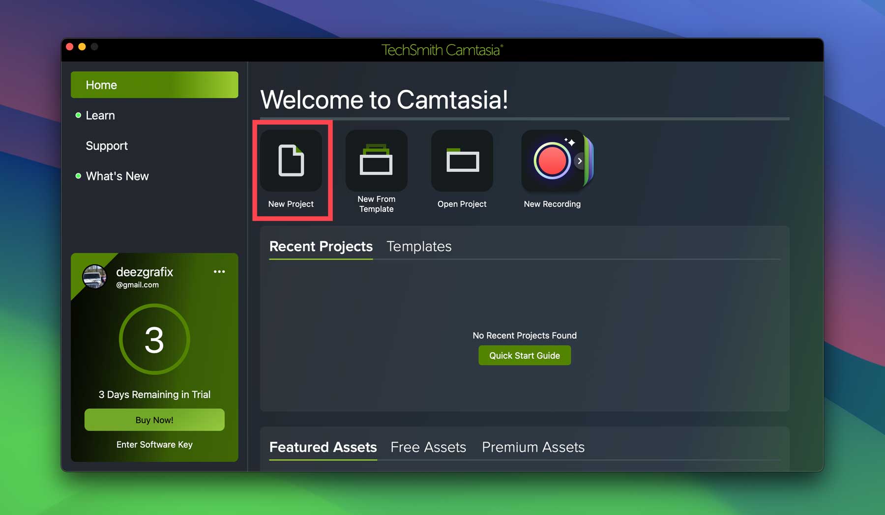 creare un nuovo progetto Camtasia