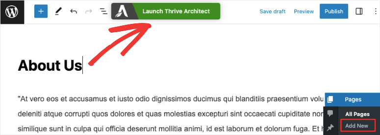 Inicie Thrive Architect en la página de WordPress - IsItWP - Detector de temas de WordPress gratuito Launch Thrive Architect in wordpress page