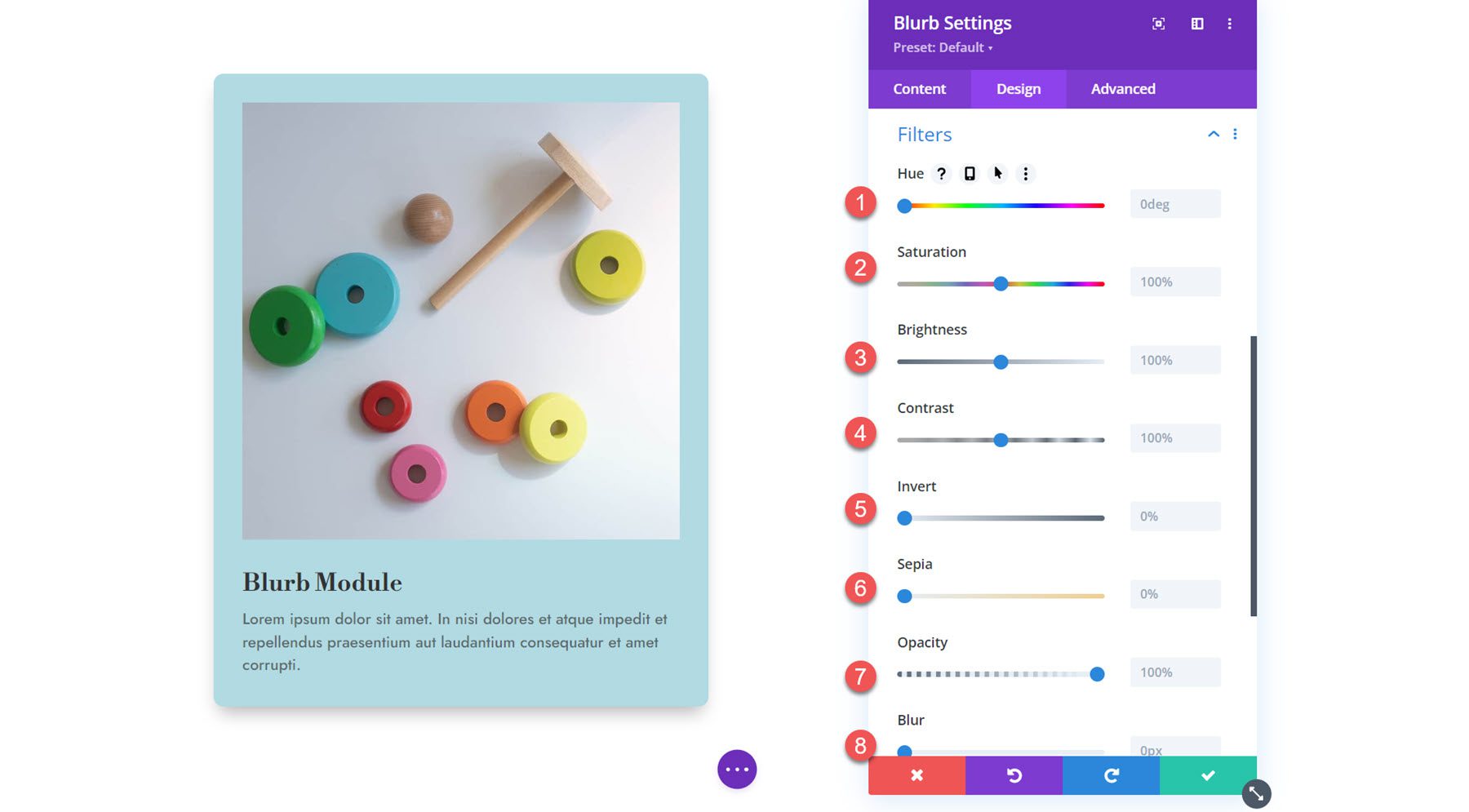 Filtros del módulo Divi Blurb