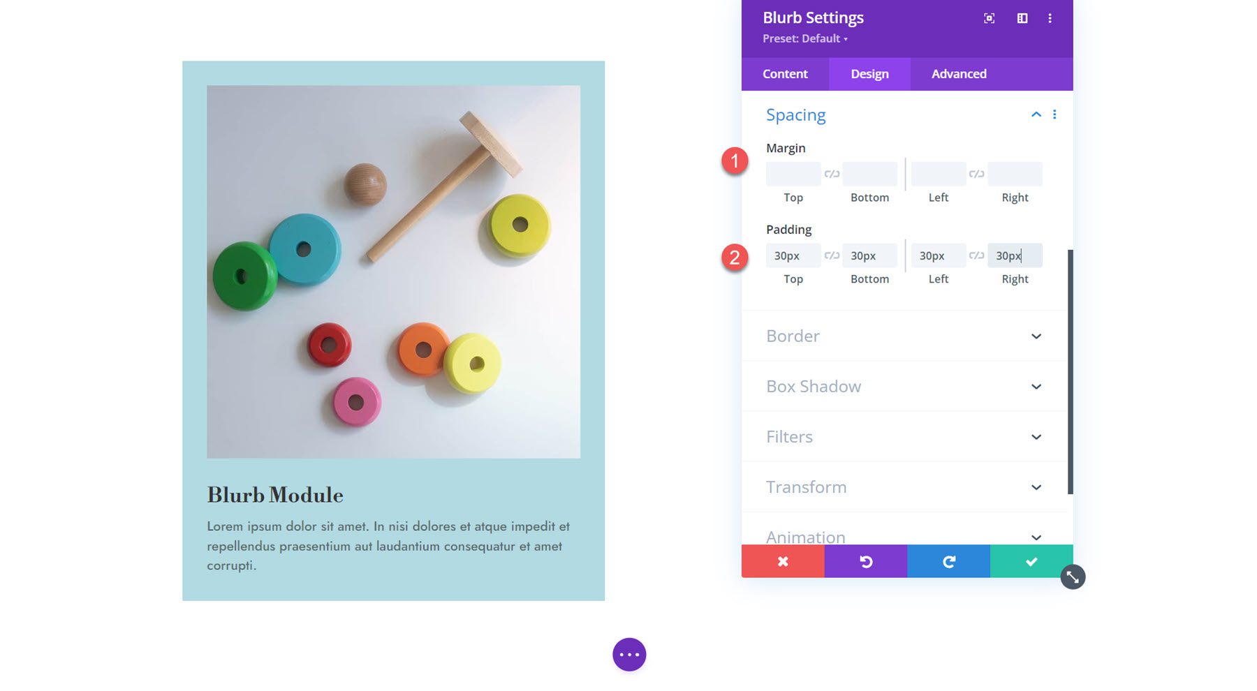 Espaciado de módulos Divi Blurb