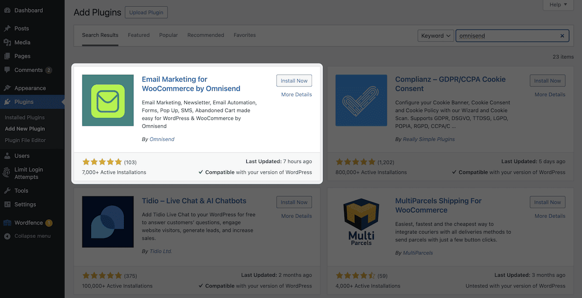 Omnisend WordPress 플러그인을 설치합니다.