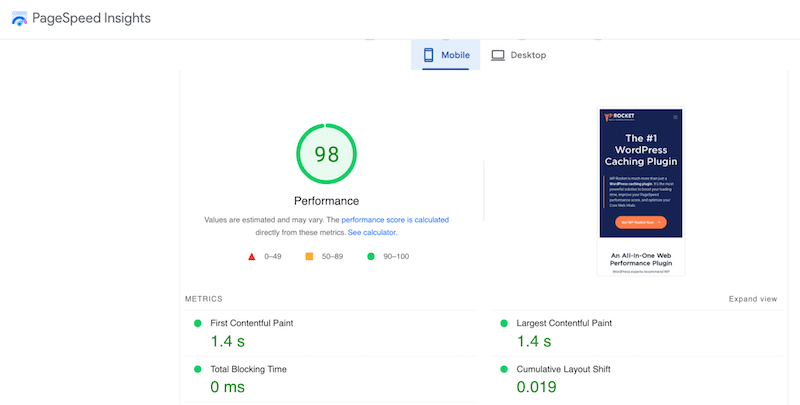 Scorul de performanță și valorile principale ale web - Sursa: PageSpeed Insights